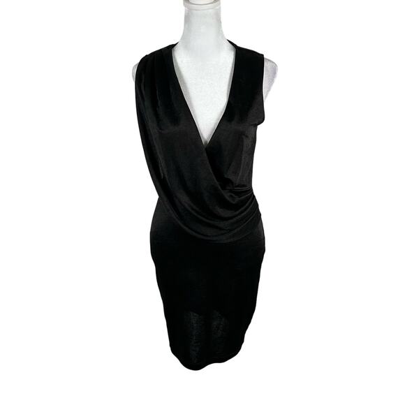 Lulus Bodycon Mock Wrap Dress Sleeveless Black Shiny Small Party Cocktail Club - Picture 1 of 5
